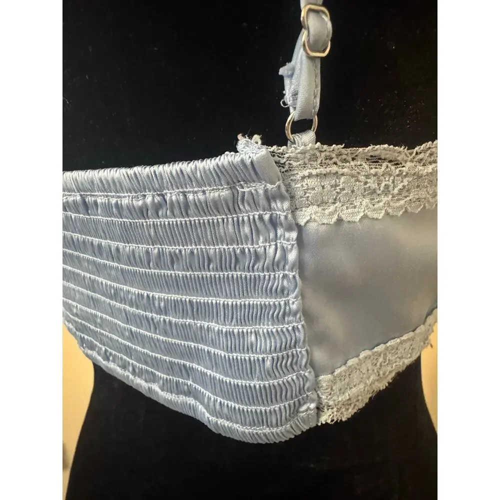 Blue Satin Lace Trim Handkerchief Hem Cami Y2K Smocked Back Small - Picture 4 of 10